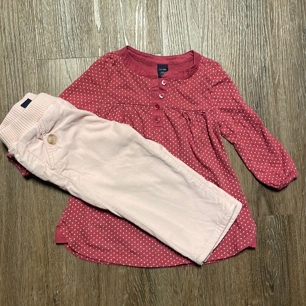 12-18 set. Light pink Corduroy pants, polka dot shirt (dark and light pink).